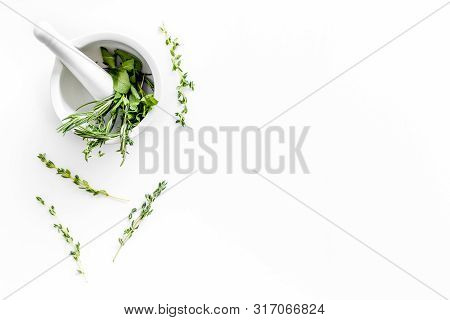 Alternative Medicine With Medicinal Herbs On White Background Top View Mock Up