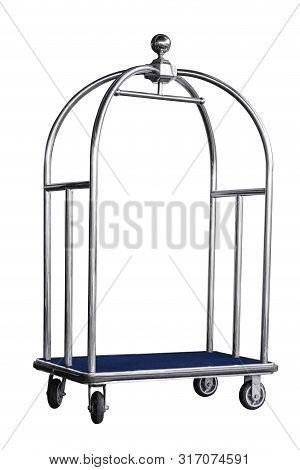 Stainless Steel Luxury Trolley Bag, Hotel Baggage Cart Isolated On White Background Work With Clippi