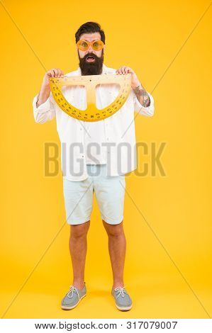 Maintain Beard Shape. Bearded Nerd With Protractor. Exploring Properties Of Protractor. Brutal Hipst