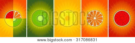 Fruit Background For Summer Poster. Halves Of Watermelon, Kiwi, Mandarin, Orange, Pineapple. Set