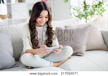 Portrait Of Her She Nice Attractive Charming Cute Cheerful Cheery Wavy-haired Preteen Girl Sitting O