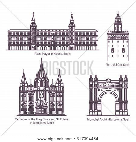 Thin Line Style Of Spain Architecture Landmarks