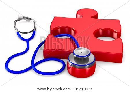 Stetoscopio e puzzle su sfondo bianco. Immagine 3D isolato