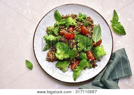Buckwheat Salad With Vegetables.top View With Copy Space.