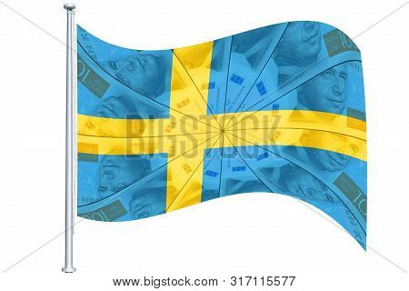 Sweden Monetary Policy And Finances. Swedish Flag Overlaid With New Krone Banknotes Money Pattern Wa