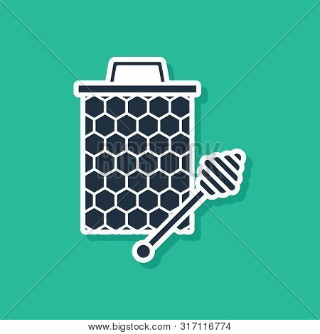 Blue Honeycomb With Honey Dipper Stickicon Isolated On Green Background. Honey Ladle. Honey Cells Sy