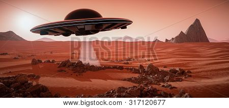 An Ufo Hovers Over The Mars Landscape(3D Rendering)