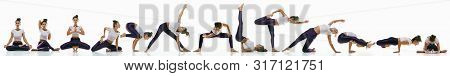 Sporty Young Woman Doing Yoga Practice On White Studio Background. Fit Flexible Model Practicing. Co