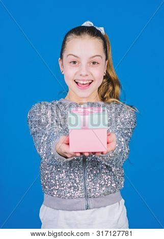 My Precious. Girl With Gift Box Blue Background. Black Friday. Shopping Day. Cute Adorable Child Car