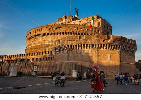 Rome, Italy - April, 2018: Tourists At The Beautiful Mausoleum Of Hadrian Also Called Sant Angelo Ca