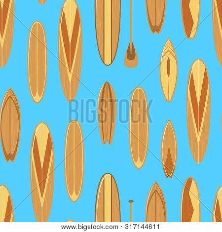 Surfboards With Wooden Texture Seamless Pattern Background Surfers Equipment For Summer Active Sport