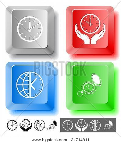 Affaires jeu d'icônes. Horloge, globe et horloge, horloge dans les mains, regardez. Touches de l'ordinateur. Illustration de raster