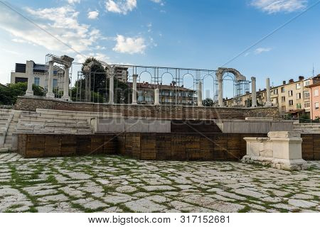 Stara Zagora, Bulgaria - August 5, 2018:  Auditorium Of The Antique Forum At Ruins Of Ancient Roman 