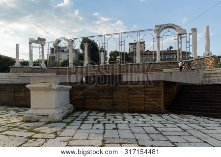 Stara Zagora, Bulgaria - August 5, 2018:  Auditorium Of The Antique Forum At Ruins Of Ancient Roman 