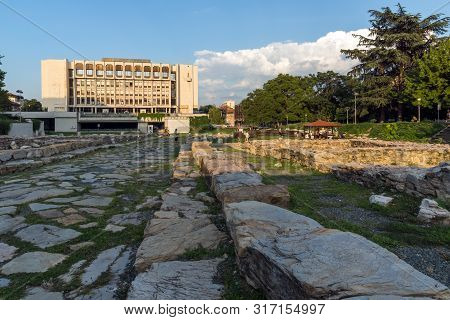 Stara Zagora, Bulgaria - August 5, 2018: Sunset View Of Regional Library And Ruins Of Ancient August