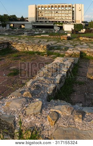 Stara Zagora, Bulgaria - August 5, 2018: Sunset View Of Regional Library And Ruins Of Ancient August