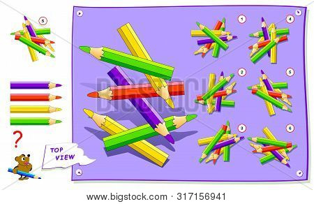 Logic Puzzle Game For Kids. Need To Find Correct Top View Of Pencils. Worksheet For School Textbook.
