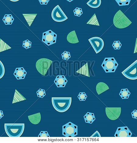 Blue And Green Geometric Shapes On Blue Background Seamless Pattern.