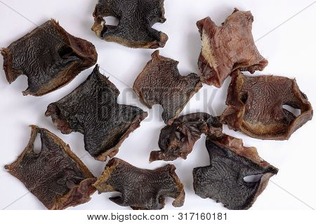 The Big Pieces Of Dehydrated Beef Noses, Used Like Dog Treats. Indoors, White Background, Close Up, 