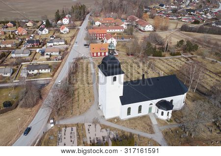 Stora Mellosa, Sweden - April 7, 2018: Aerial View Of The Stora Mellosa Church Building.