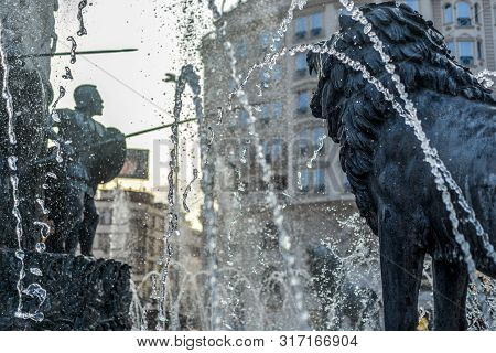 Bronze Statues Surrounded By Spray And Water Jets,skopje,macedonia.