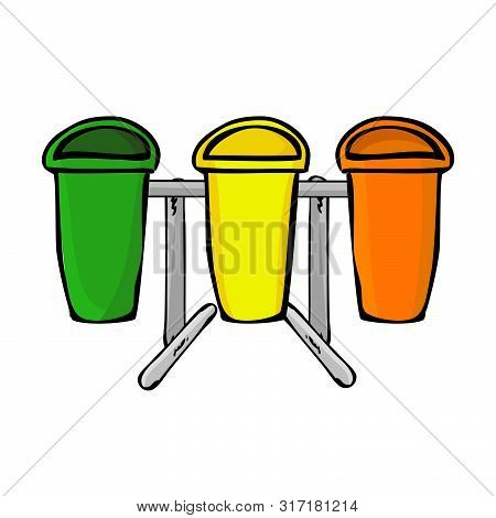 Simple Vector Outline Hand Draw Sketch Of Empty Clean And Tidy Trash Bin, For Three Category Trash, 