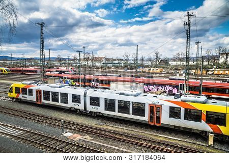 Giessen, Germany - April 05, 2018: View Of The Railway Station With A Lot Of Tracks And Train.