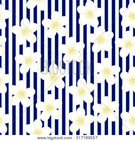 Seamless Blue Striped Vector Tropical Pattern. Plumeria, Frangipani.