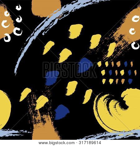 Black Brush Stokes Seamless Pattern Vector Background. Abstract Ornament.