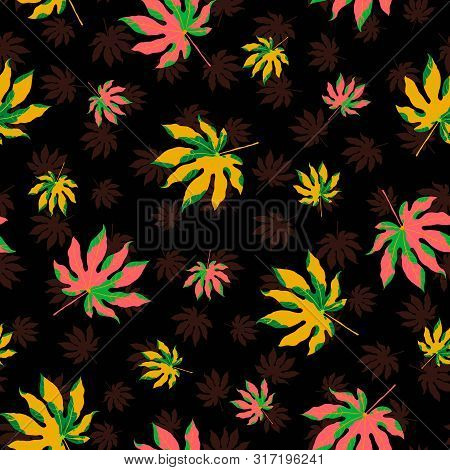 Raster Illustration. Tropical Leaf. Autumn Aralia Leaves On Dark Silhouette Background Repeat Patter