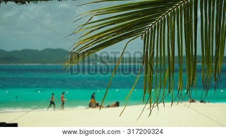 Tropical Beach With Tourists And Clear Blue Sea Through Palm Branches. Summer And Travel Vacation Co