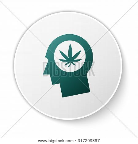 Green Silhouette Of Male Head In Profile With Marijuana Or Cannabis Leaf Icon Isolated On White Back