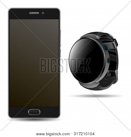 Smart Phone And Smartwatch. Black Mobile Mockup Teplate. Realistic Device Design Of Cellular Phone A