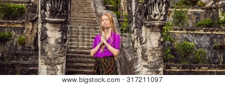 Banner, Long Format Young Woman Tourist On Background Of Three Stone Ladders In Beautiful Pura Lempu