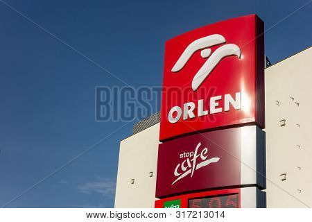 Poznan, Poland - April 13, 2018: The Banner Of The Local Orlen Oil Company And Petrol Station In Pol
