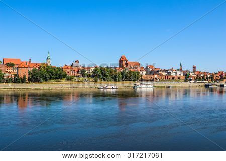 Panoramic View Of Torun City And Wisla (vistula) River With Bridges. Poland, Summer 2019