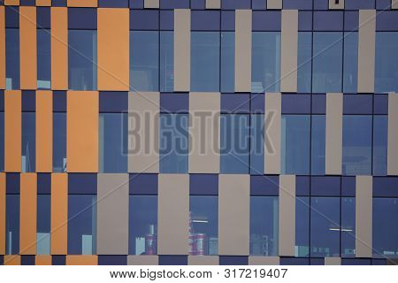 Coral Facade Of A Modern Building, Office Or Residential Buildin