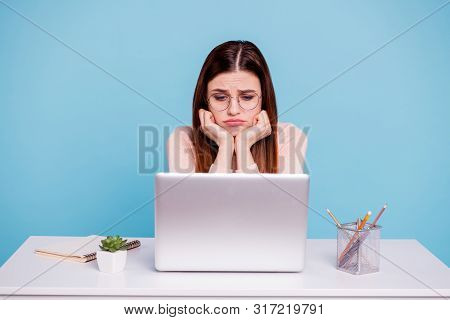 Close Up Photo Beautiful She Her Lady Hands Arms Lean Hold Air Foxy Head Sit Desk Table Notebook Loo