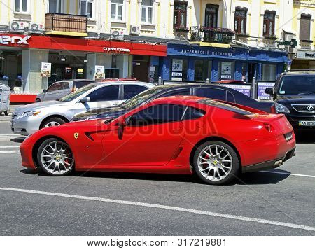 Kiev, Ukraine - June 12, 2011. Ferrari 599 Fiorano. Red Ferrari In The City