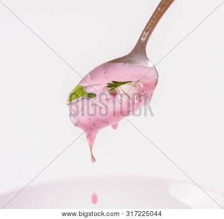 Cold Borscht (chlodnik) - Traditional Lithuanian Cold Soup With Radish, Parsley And Dill  With A Spo