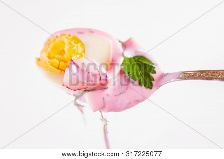 Cold Borscht (chlodnik) - Traditional Lithuanian Cold Soup With Radish, Parsley, Dill And Egg Eaten 