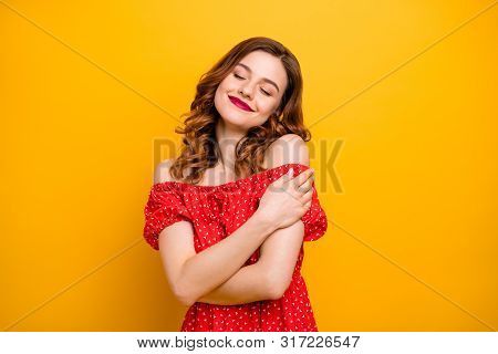 Pretty Foxy Lady Overjoyed Look Hold Herself In Hands Close Eyes Wear Dress With Open Shoulders Isol