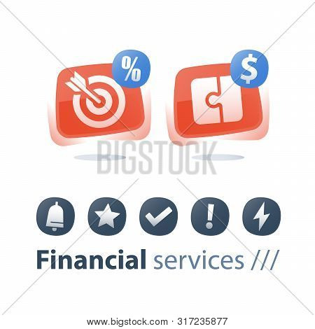 Financial Solution, Investment Strategy, Puzzle Piece, Target Arrow, Cash Loan, Payment Installment,