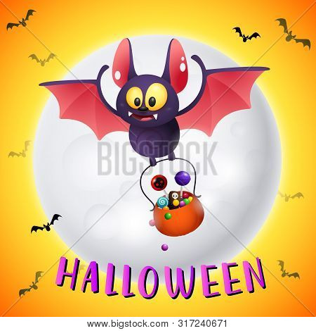 Halloween Lettering And Bat Carrying Cauldron With Sweets. Invitation Or Advertising Design. Typed T