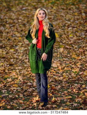 Autumn Fashionable Cardigan. Girl Stylish Outfit With Soft Wool Or Cashmere Cardigan. Feel So Warm A