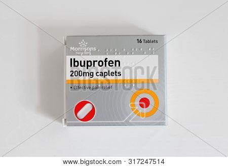 London / Uk - July 8th 2019 - Packet Of Ibuprofen Painkillers, 200mg. Closeup From Above.