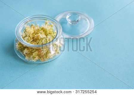 Yellow Flowers Of Fragrant Linden Macro On A Blue Background In A Glass Jar. Healing Plant. Copy Spa