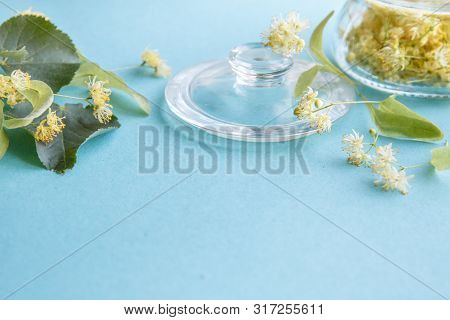 Yellow Flowers Of Fragrant Linden Macro On A Blue Background In A Glass Jar. Healing Plant. Copy Spa