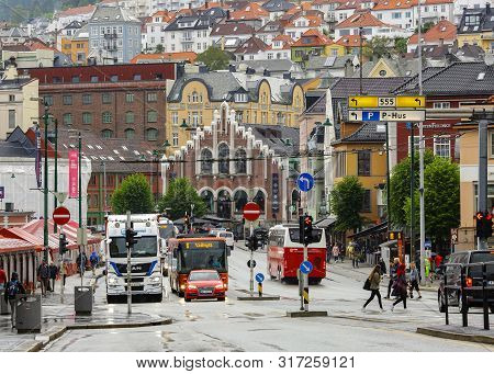 Bergen, Norway 07/18/2019 The Street Torgallmenningen And City Market In The Norwegian City Bergen I