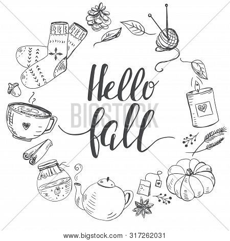 Autumn Template With Hand Drawn Cozy Elements Like Candle, Tea Pot, Socks And Other